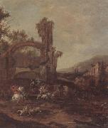 unknow artist An architectural capriccio with a cavalry engagement,a landscape beyond oil painting artist